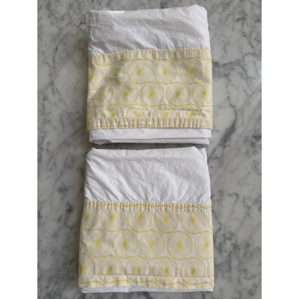 White Cotton Pillowcase Pair Yellow Sunburst Embroidered Cuff Set of 2 Standard